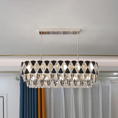 12 Bulbs Hanging Island Light Modern Dining Room Pendant Lamp with Oblong Crystal Shade in Black