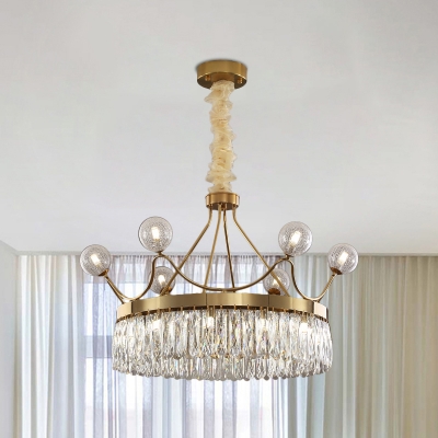 13 Heads Crown Pendant Chandelier Postmodern Gold Cut Crystal Hanging Lamp with Ball Crackle Glass Shade
