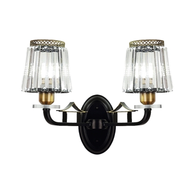 2-Bulb Wall Light Sconce Retro Living Room Wall Lamp with Cone Crystal Prism Shade in Black