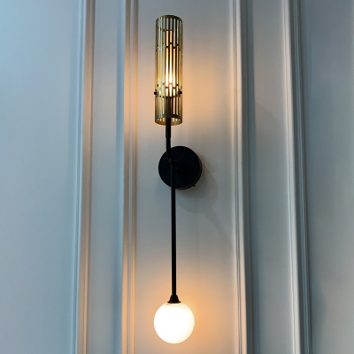 2 Bulbs Opal Glass Wall Light Fixture Modernist Black Sphere Bedroom Wall Lamp with Tubular Metal Shade