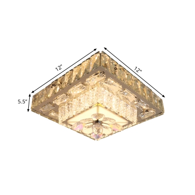 2-Tier Square Corridor Ceiling Lamp Modern Beveled Crystal Stainless Steel LED Flush Light Fixture