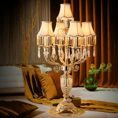 5 Bulbs Table Lighting Countryside Bell/Candelabra Crystal Night Light in Gold with/without Shade