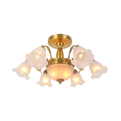 8-Light Semi Flush Light with Scallop Shade Cream Glass Rustic Dining Room Flush Mount in Bronze/Brass/Copper