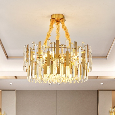 9-Head Drum Hanging Light Fixture Postmodern Gold Clear Prismatic Crystal Chandelier for Bedroom