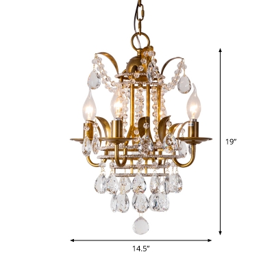 Antiqued Candle Pendant Lighting 4 Bulbs Metal Hanging Chandelier in Gold with Crystal Draping