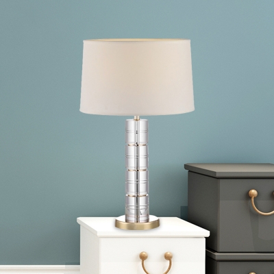 Beige 1 Light Night Stand Light Traditional Fabric Drum Shaped with Crystal Cylinder Base