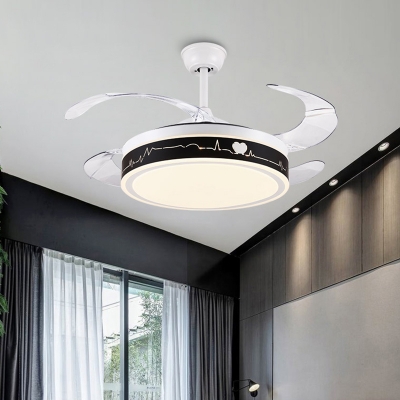 Black and White Round Pendant Fan Light Modernist LED Metal Semi Mount Lighting with 4 Clear Blades, 19