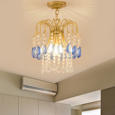 Blue and Amber Crystal Fringe Semi Flush Antiqued 1 Bulb Balcony Close to Ceiling Light in Gold