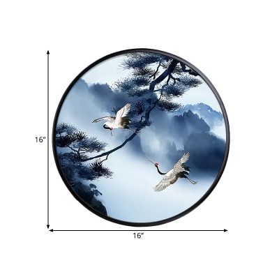 Circle Wood Wall Mural Lighting Fixture Asian Grey/Blue LED Wall Sconce with Mountain and Sun/Crane and Pine Tree Pattern
