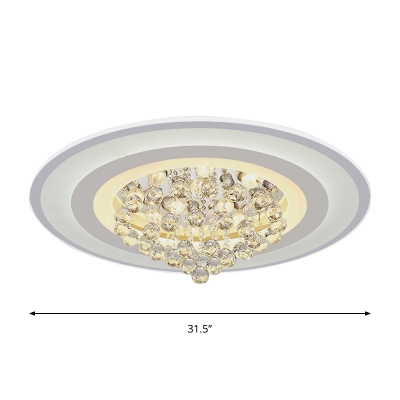 Circular LED Flush Ceiling Light Modern White Acrylic Flushmount Lighting with Draping Crystal Orbs, 18