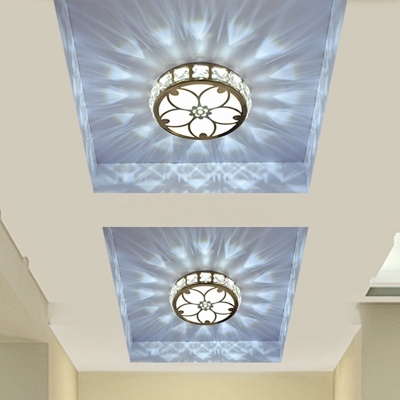 Clear Beveled Crystal LED Ceiling Fixture Modern Gold Round Mini Aisle Flush Mount Light, Warm/White/Multicolored Light