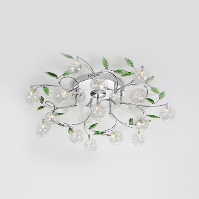 Clear Crystal Globe Semi Mount Lighting Modern 15 Bulbs Ceiling Light Fixture in Chrome with Spiral Design