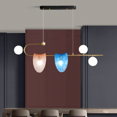Clear/Pink-Blue Glass Arced Chandelier Light Modernism 5-Bulb Gold LED Island Pendant Lamp for Dining Room