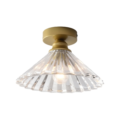 Clear Prismatic Glass Conical Ceiling Lamp Classic 1 Head Corridor Flush Mount Light Fixture in Brass