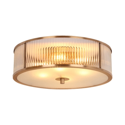Colonial Round Ceiling Lamp 3-Head White Glass Flush Mount Fixture with Circular Diffuser in Brass