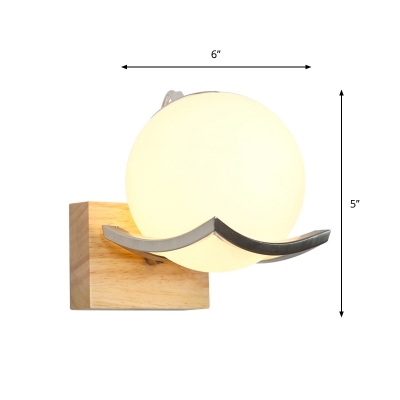 Cream Glass Sphere Wall Sconce Minimalism 1 Light Wall Mount Lighting with Oblong Wood Backplate in White