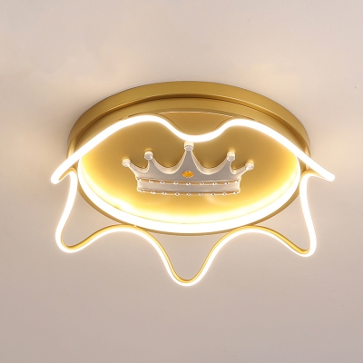 Crown Girls Bedroom Flush Ceiling Light Acrylic LED Cartoon Flush Mount Fixture in Pink/Gold