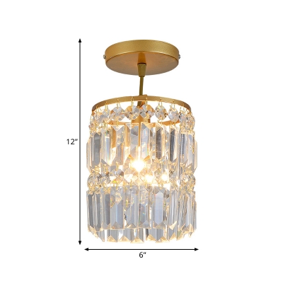 Faceted Crystals Cylinder Semi Flush Light Modern 1 Head Close to Lighting Fixture in Gold for Doorway