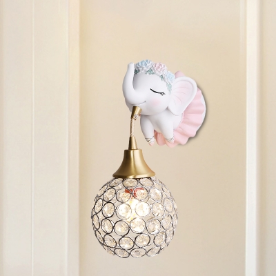 Global Crystal Encrusted Wall Lamp Cartoon 1 Head Pink Wall Mount Light with Elk/Elephant/Rabbit Design