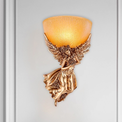 Gold Bowl Wall Lighting Rural Yellow Glass 1 Light Bedroom Wall Sconce Light with Angel Girl Decor