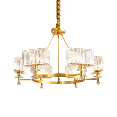 Gold Circle Chandelier Light Post-Modern Crystal Prism 3/6 Heads Living Room Hanging Pendant