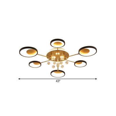 Metal Circle Semi Mount Lighting Simplicity 6/8 Lights Black Close to Ceiling Light with Crystal Droplet