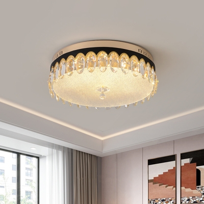 Modern LED Ceiling Mounted Fixture with Clear Crystal Shade Black Drum-Shape Flush Mount Lighting for Bedroom