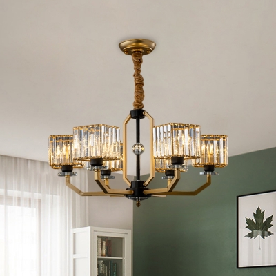 Modernity 3/6/8 Heads Chandelier Brass Finish Rectangle Pendant Lighting Fixture with Beveled Crystal Shade