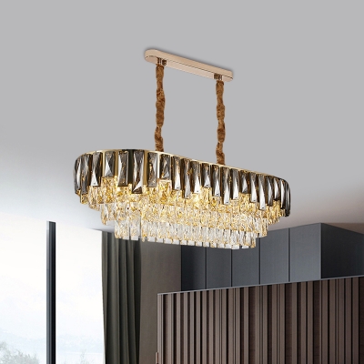Oval-Shape Restaurant Island Light Smoke Gray Crystal Block 10-Bulb Contemporary Hanging Pendant in Gold