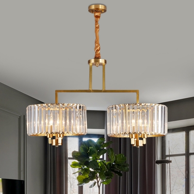 Postmodern Branching Chandelier 6 Bulbs Clear Prismatic Crystal Hanging Light in Brass