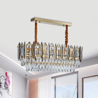 Rectangle-Cut Crystal Oval Hanging Lamp Kit Contemporary 10 Bulbs Island Pendant in Gold for Restaurant
