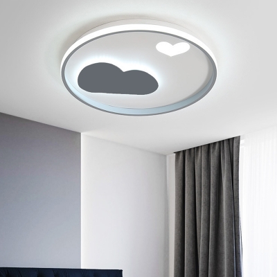Round Metallic Flush Mount Light Kids Black/White LED Flushmount Lighting with Cloud and Heart Detail in Warm/White Light