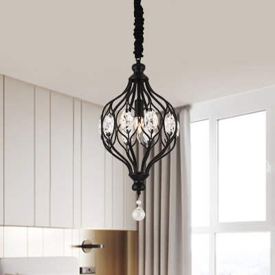 Single Lantern Pendulum Light Traditional Black/Gold Crystal Inserted Ceiling Pendant Lamp for Kitchen