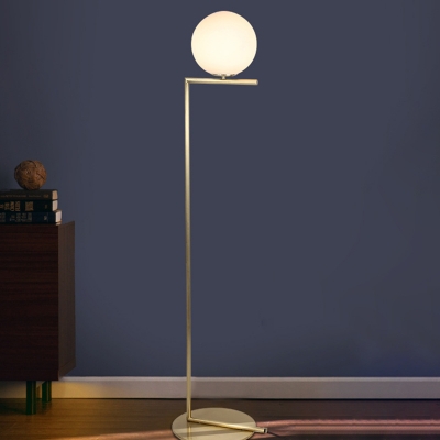 White Frosted Glass Ball Floor Light Minimalist 1 Light Standing Floor Lamp in Gold with Right Angle Arm