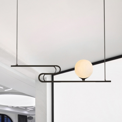 1/2-Bulb Dining Room Ceiling Hang Fixture Minimalist Black Finish Chandelier with Orb Milk Glass Shade