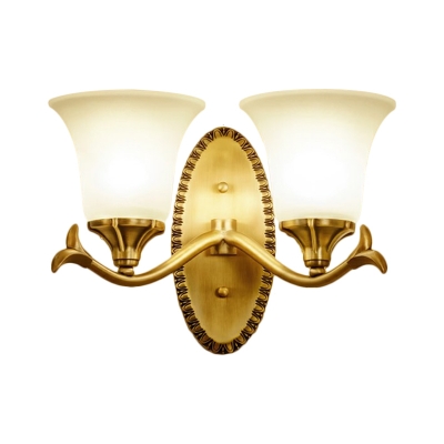 1/2-Bulb Wall Lighting Fixture Retro Style Bell Opaline Glass Wall Mount Lamp in Brass