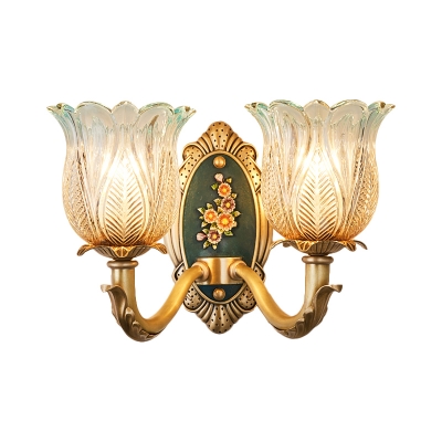 1/2 Light Ribbed Glass Wall Mount Light Vintage Gold Flower Shade Living Room Wall Lamp