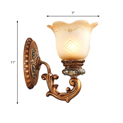 1 Bulb Floral Shade Wall Mount Lamp Vintage Brass Finish Tan Glass Wall Lighting Idea