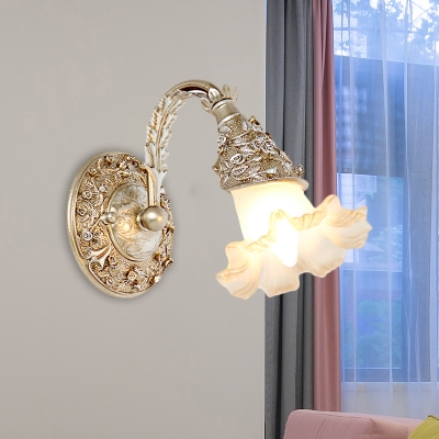 1 Head Blossom Wall Light Fixture Countryside Silver/White Ivory Glass Wall Mount Lamp with Arc Arm