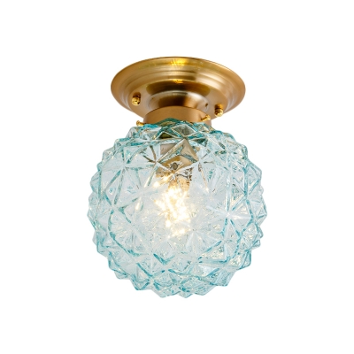 1 Head Ceiling Lamp Fixture Blue/Clear/Smoke Grey Glass Rustic Style Hallway Flushmount Lighting in Brass with Ball Shade