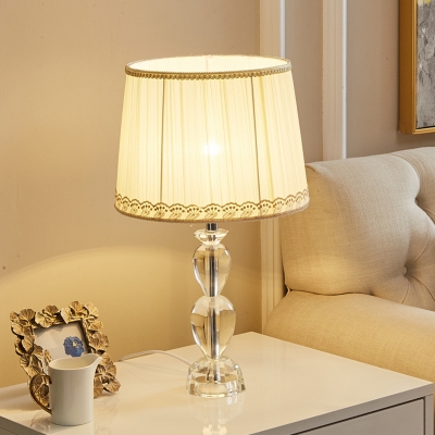 1-Light Beveled Crystal Table Light Countryside Beige Finish Oval Bedroom Nightstand Lighting with Drum Fabric Shade
