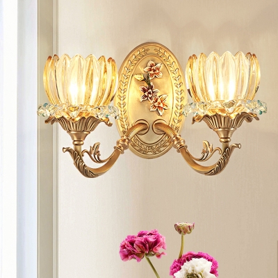 2 Bulbs Wall Sconce with Lotus Shade Ribbed Glass Traditional Bedroom Wall Light Fixture in Gold