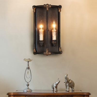 2 Lights Resin Wall Mounted Lamp Country Black Candle Living Room Sconce with Iron Frame