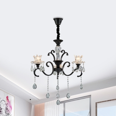 3/6 Bulbs Floral Chandelier Light Traditional Black Hand-Cut Crystal Ceiling Pendant with Candelabra Cups