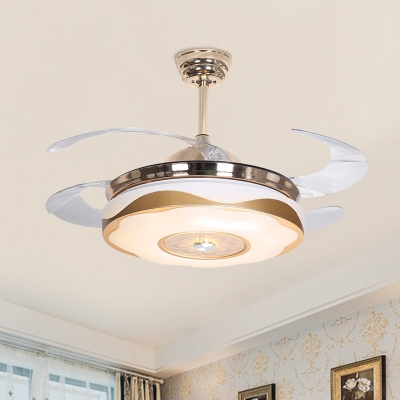 4-Blade Modern Round Hanging Fan Light Metal Living Room LED Semi Flush Mount Light in White, 42