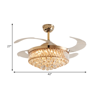 4 Blades Modern LED Semi Flush Lighting with Faceted Glass Shade Gold Dome Hanging Fan Light, 42