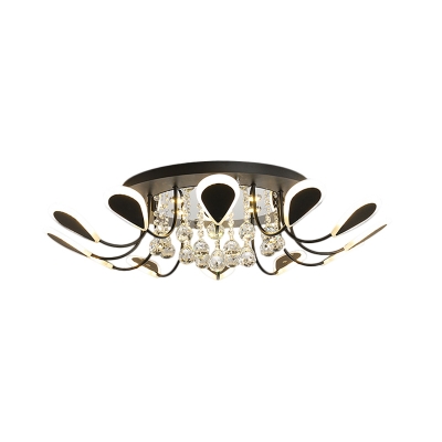Acrylic Black/White Ceiling Lamp Peacock Feather 10/12 Heads Modern Flush Mount in Warm/White Light with Crystal Drapes