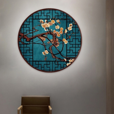 Acrylic Round Wall Mounted Lighting Asia Ginkgo and Butterfly/Plum Blossom LED Wall Mural Light Fixture in Blue