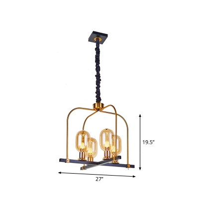 Amber Glass Oval Pendant Chandelier Modernism 4-Light Black and Gold Hanging Lamp with Birdcage Frame
