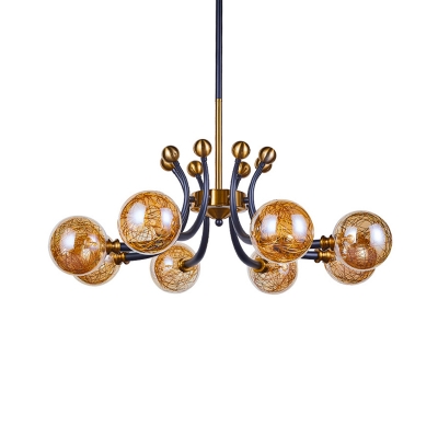 Ball Shade Suspension Light Postmodern Amber Glass 8/9 Lights Black and Gold Chandelier Lamp Fixture